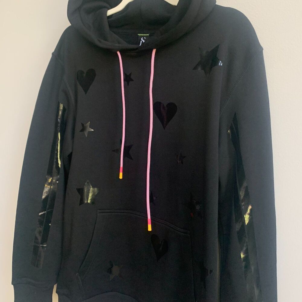 Style Reform Glossy Hearts & Stars Hoodie Women's L Black Pullover Graphic Cozy - Picture 3 of 8